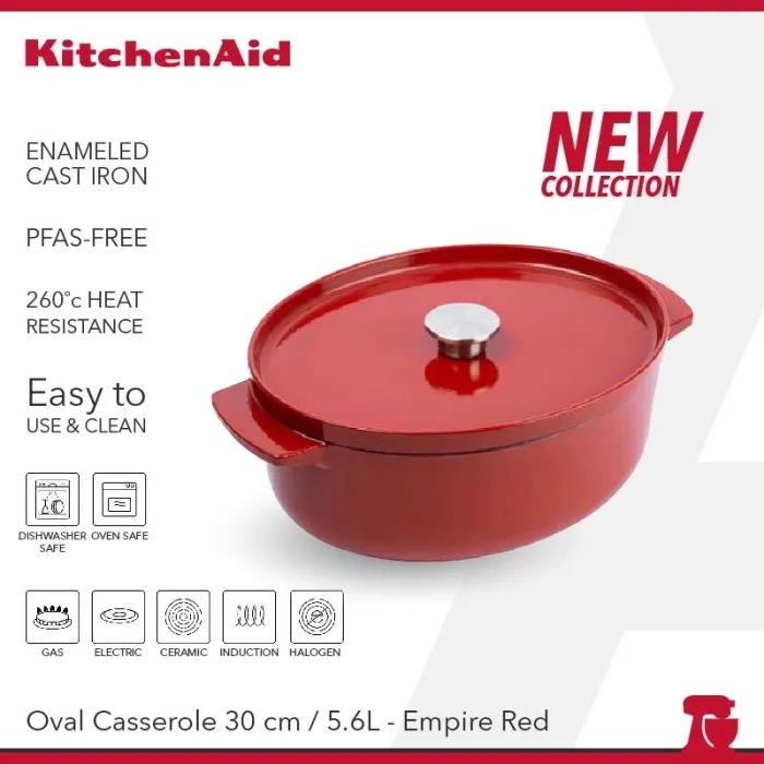 KitchenAid Enamel Oval Cast Iron Covered Casserole 5.6L Empire Red