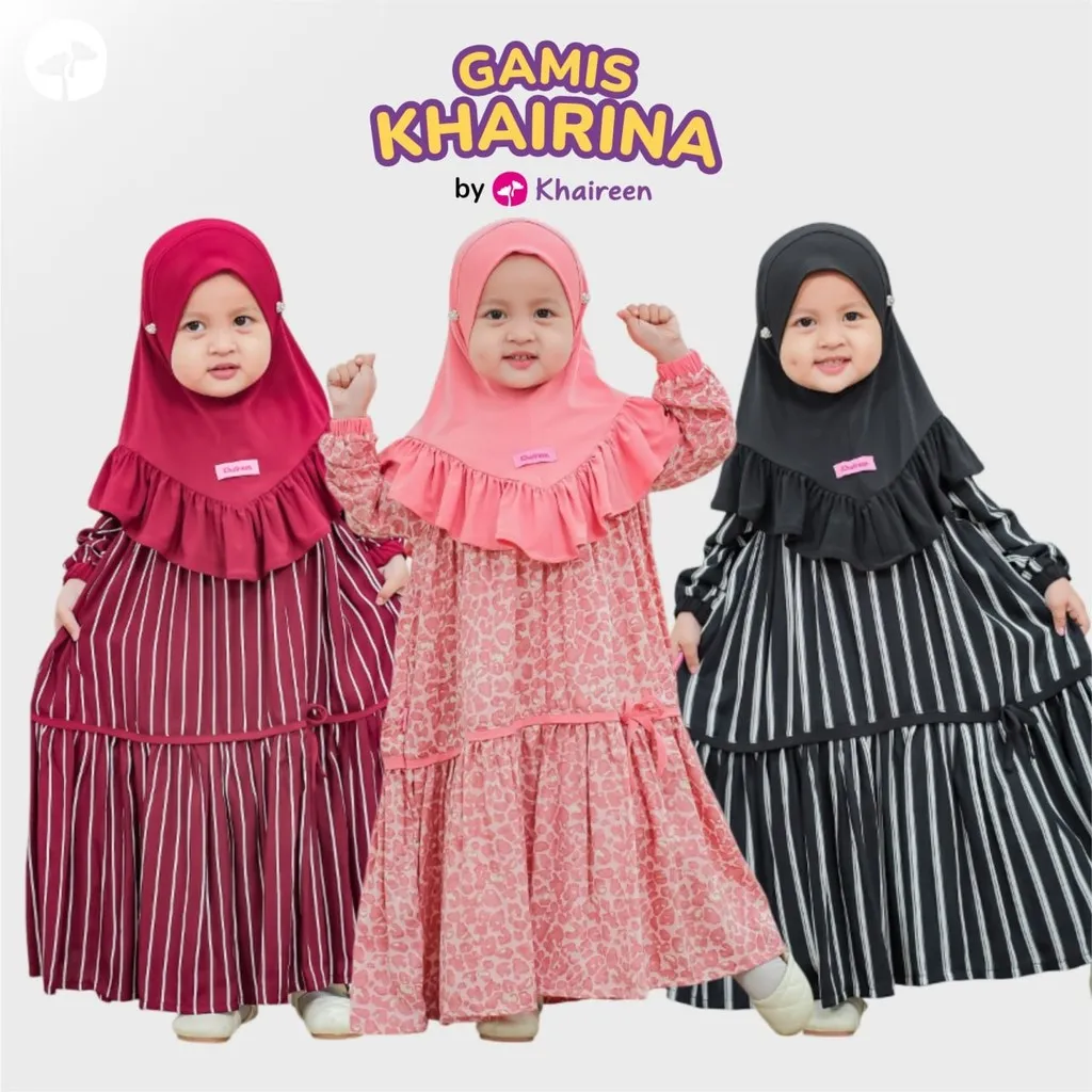 KHAIREEN Gamis Khairina Couple Mom (0-9 Tahun) Gamis Anak Rayon Viscose Motif Gamis Bayi Balita Couple Bunda Baju Muslim Aqiqah Abaya Couple Anak Ibu