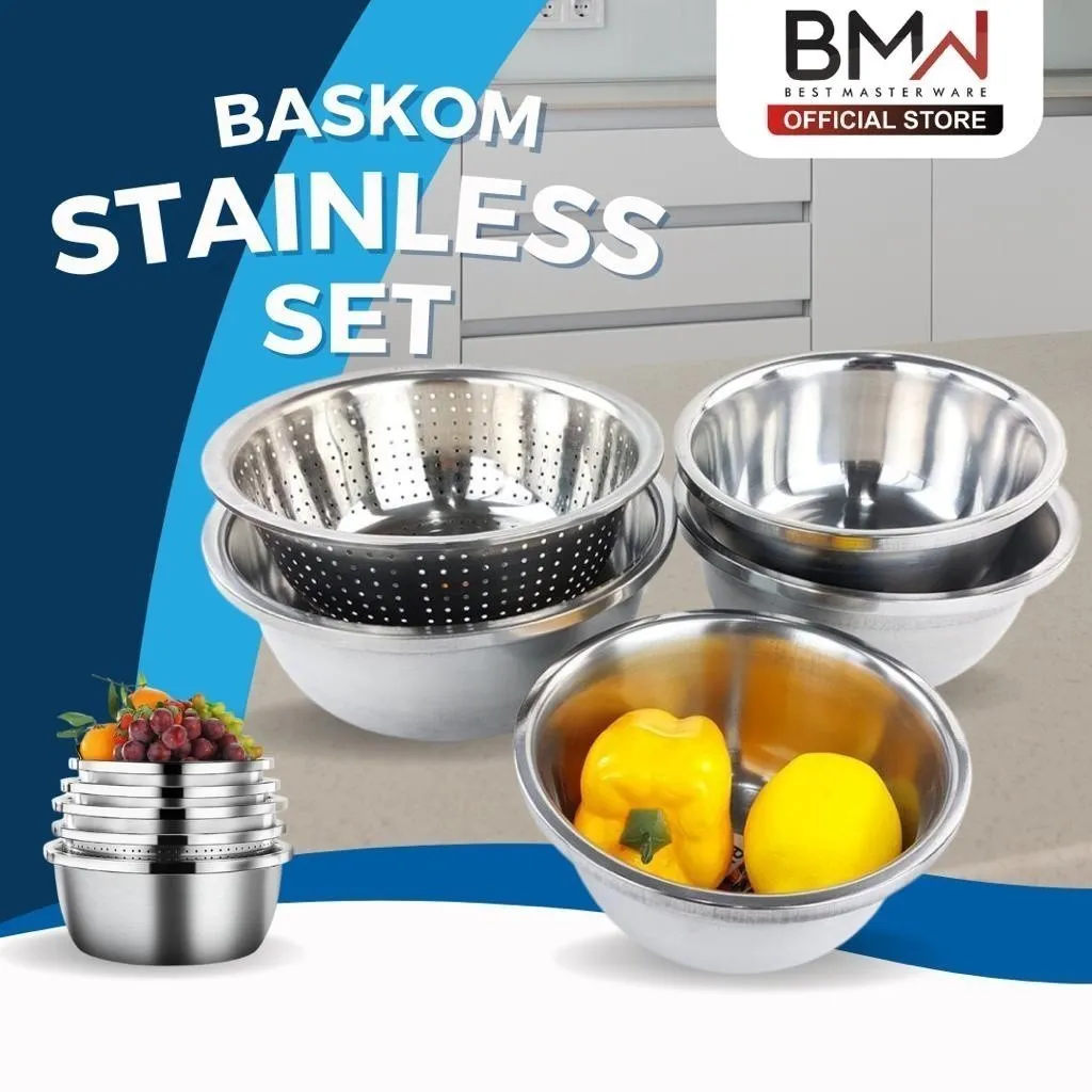 BMW Kitchenware - Baskom Stainless 5 in 1 Wadah Cuci Beras Buah Sayur Baskom Set Wadah Sayur Buah