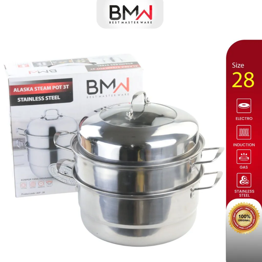 BMW Kitchen Ware - Panci Kukus Siomay 28CM Panci Dimsum Bakpao Nasi Tim Steamer Dandang Stainless Steel Susun 3