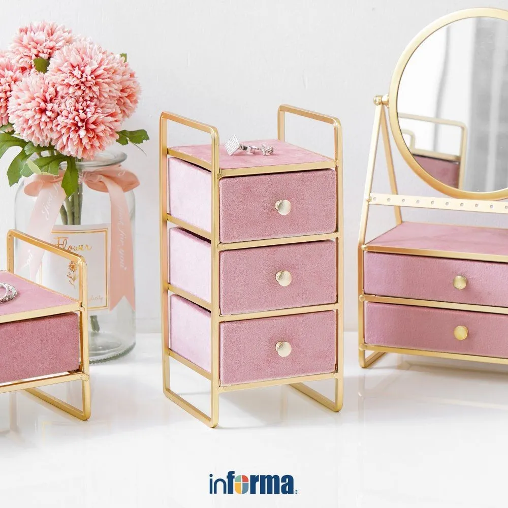 Informa Kotak Perhiasan 3 Laci - Pink Wadah Simpan Aksesoris Tempat Anting Kalung Cincin Organizer Aksesoris Serbaguna Desk Storage Box Organizer Meja Organizer Aksesori Tempat Penyimpanan Laci Kecil Meja Rias Kamar Tidur