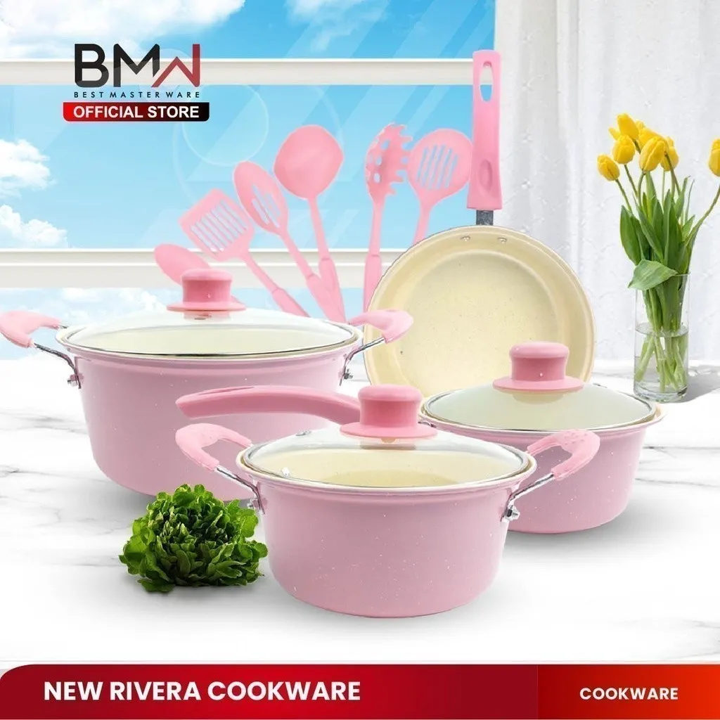 BMW Kitchen Ware - Teflon Riverra Panci Set Warna Frypan Saucepan Cookware Set Free Spatula 13pcs