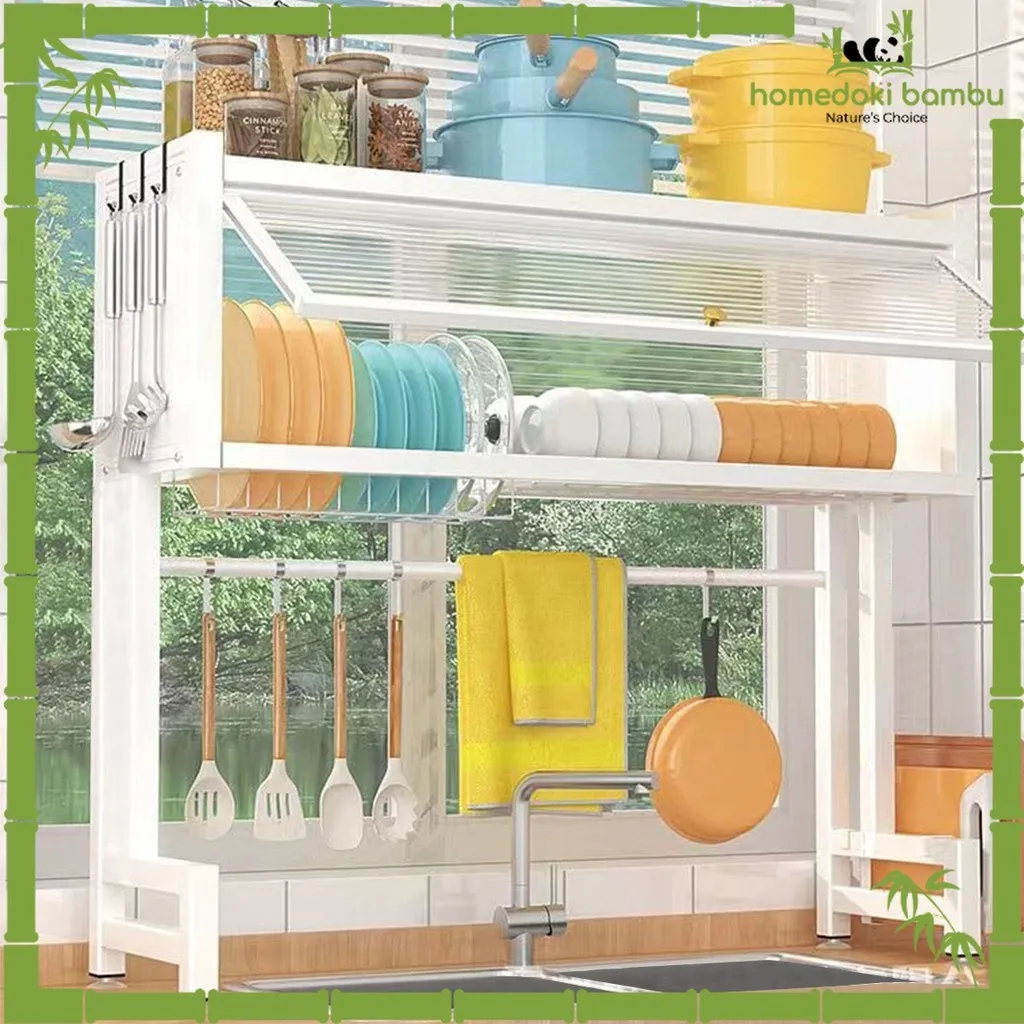 Homedoki Bambu-Rak Piring Wastafel Stainless/Rak Piring Tertutup/Rak Piring Minimalis/Rak Piring Stainless/Lemari Rak Piring Stainless/Lemari Piring Tertutup