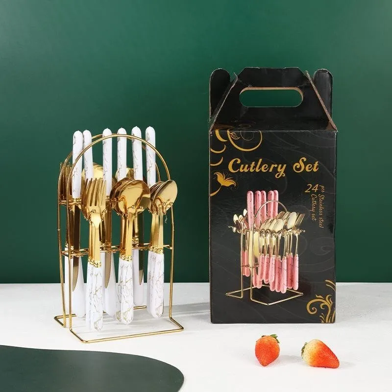 BMW Kitchenware - Sendok Cutlery Set Sendok Sultan Makan Set Isi 24 Set Gold Marble Bahan Stainless Tebal