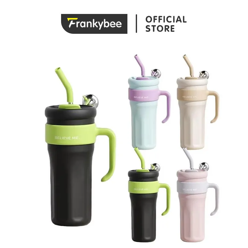 Frankybee 40oz Water Bottle Flask Thermal Vacuum Tumbler Mug Double Walled With Handle & Straw 1.25L Stainless Steel Vacuum Cup