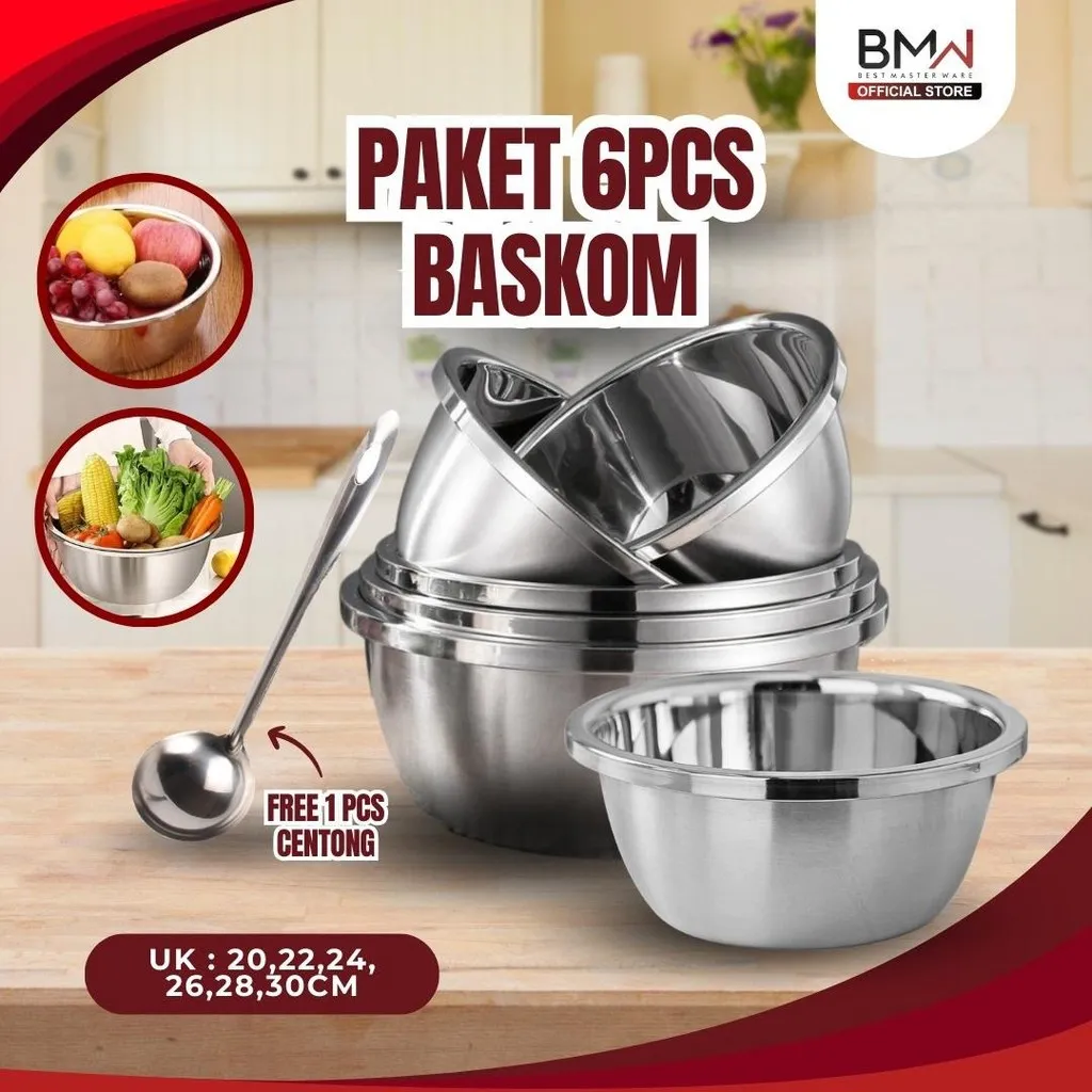 BMW Kitchenware - Paket 6 PCS Baskom Premium SUS 304 Pencuci Sayur Bahan Stainless Steel Tebal Free Centong Sayur Stainless Wadah Pencuci Buah Sayur Baskom Berkualitas