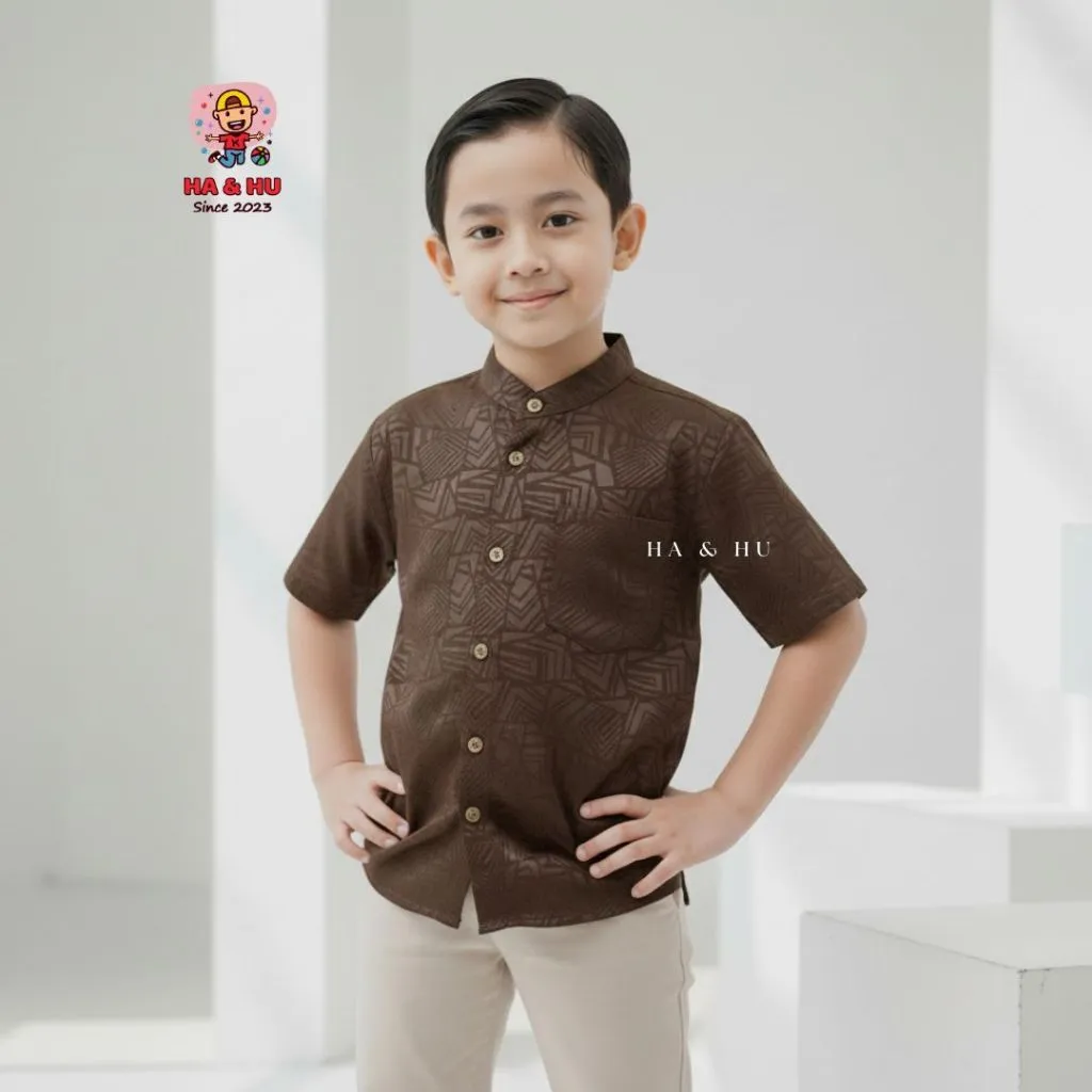 Kemeja Koko Embos Anak Hasan Laki-laki 1-12 Tahun Baju Anak Laki Laki Premium Atasan Anak Terbaru 2026 Warna Cokelat