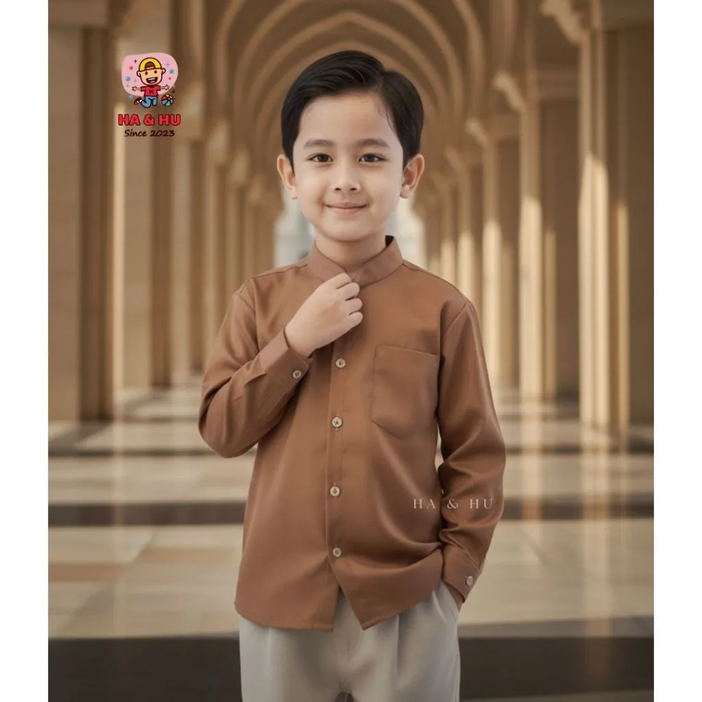 Kemeja Polos Anak Laki Laki Umar Usia 4-10 Tahun  Atasan Koko Premium Terbaru 2026 Warna Mocca
