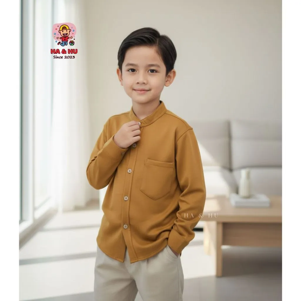 Kemeja Anak Laki-laki Elvano Usia 1-12 Tahun Baju Kemeja Anak Laki Laki Premium Atasan Anak Terbaru Warna Mocca