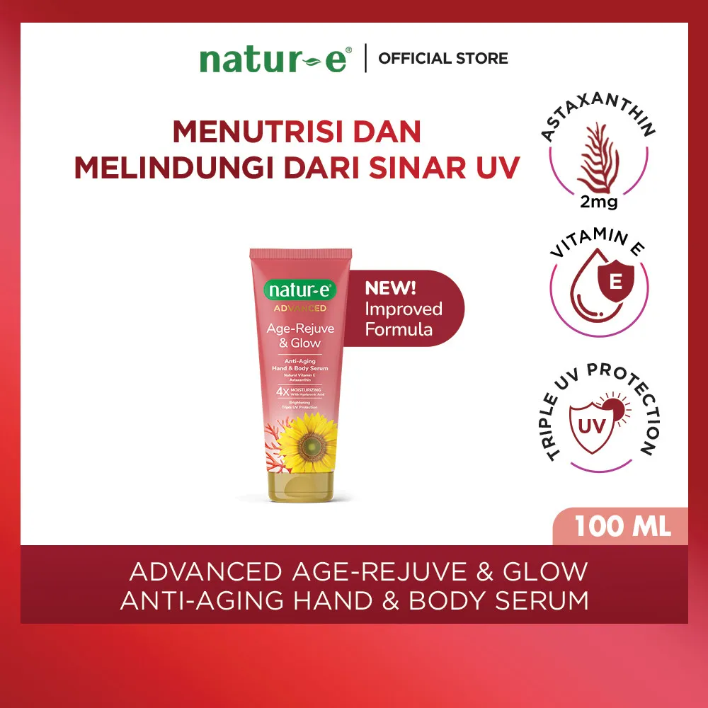 Natur-E Advanced Age-Rejuve & Glow Anti-Aging Hand & Body Serum 100ml - Body Serum Perawatan Tubuh Mengandung Astaxanthin & Vitamin E - Menutrisi dan Melindungi Kulit dari Sinar UV