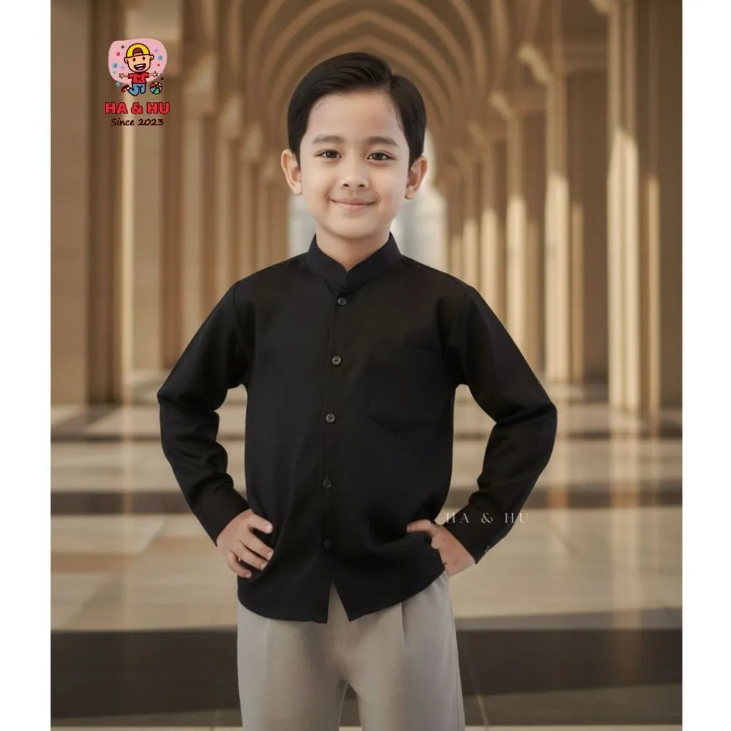 Baju Koko Anak Laki Laki Umar 4 - 10 Tahun Kemeja Terbaru 2026 Lengan Panjang Katun Premium Hitam