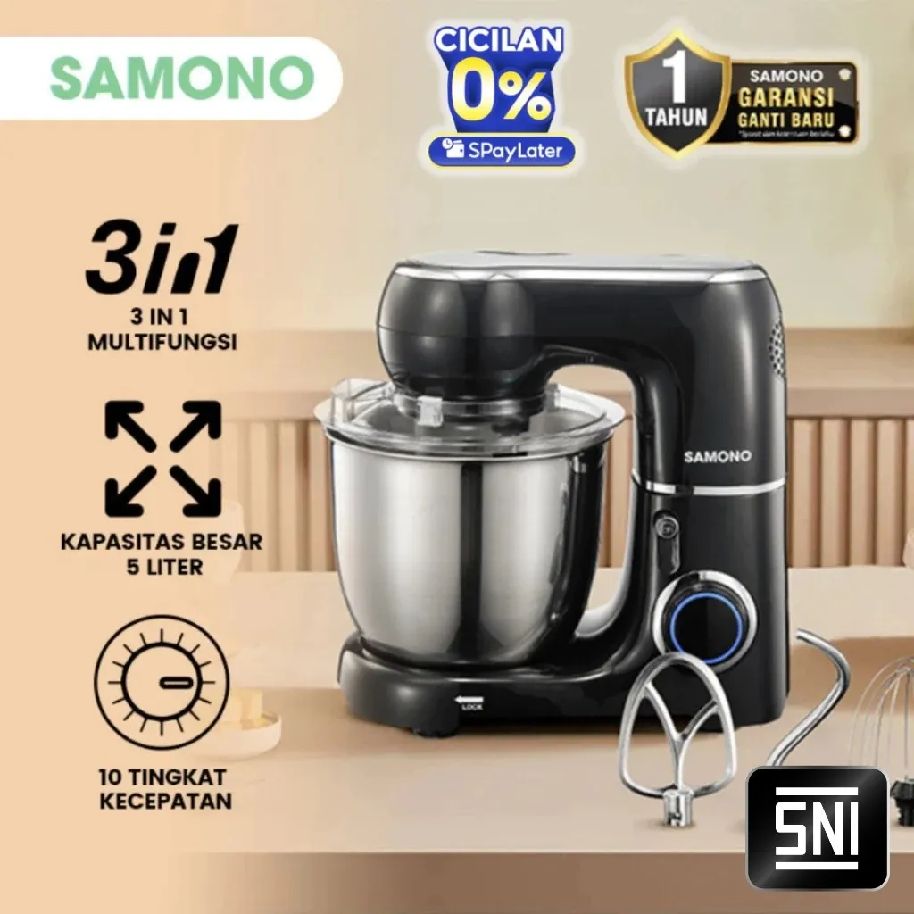 SAMONO Stand Mixer 5 Liter Mixer Roti & Adonan Kue 10 Kecepatan Bowl Stainless 550-1000W SW-KM550 10 Level Speed Mixer Roti Kue Stainless Steel untuk Dapur & Usaha Kecil