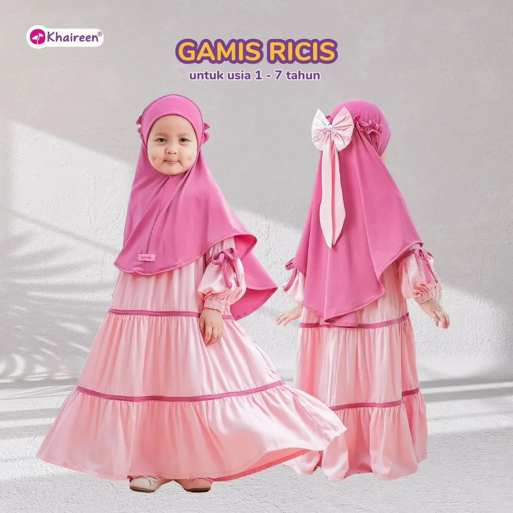 KHAIREEN Gamis Ricis Set Hijab Raya Series (1-7 Tahun) Gamis Pita Set Jilbab Anak Perempuan Katun Adem Gamis Aqiqah Gamis Anak Syari Umroh