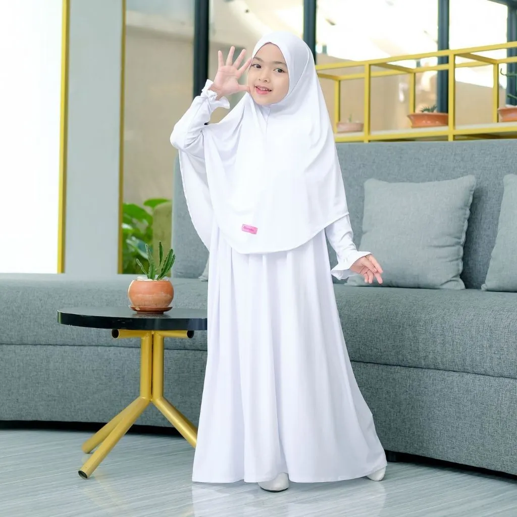 KHAIREEN Gamis Set Hijab Putih Adem Anak Sekolah (0-10 Tahun) Baju Manasik Haji Putih Anak TK Paud SD