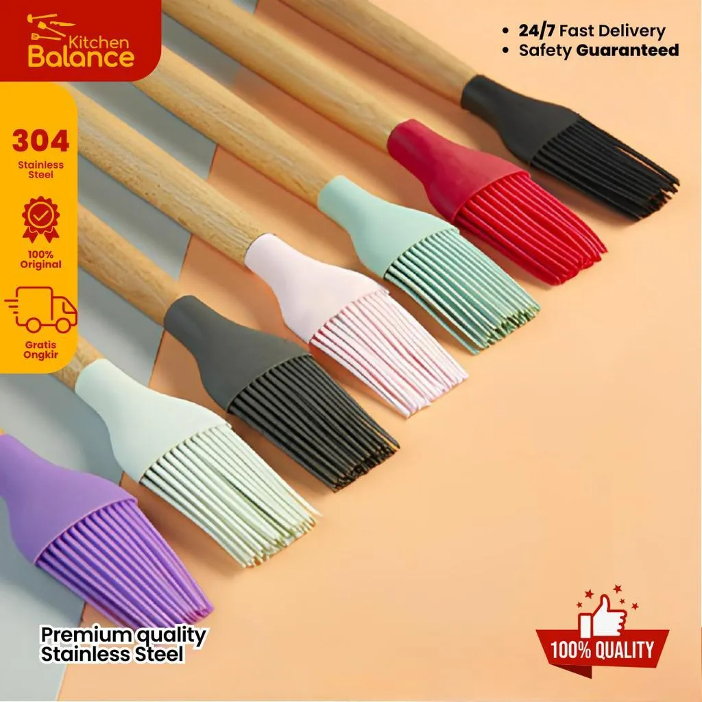 Kitchen Balance Kuas Silikon Dapur Gagang Kayu Oles Kue Roti BBQ Tahan Panas K25