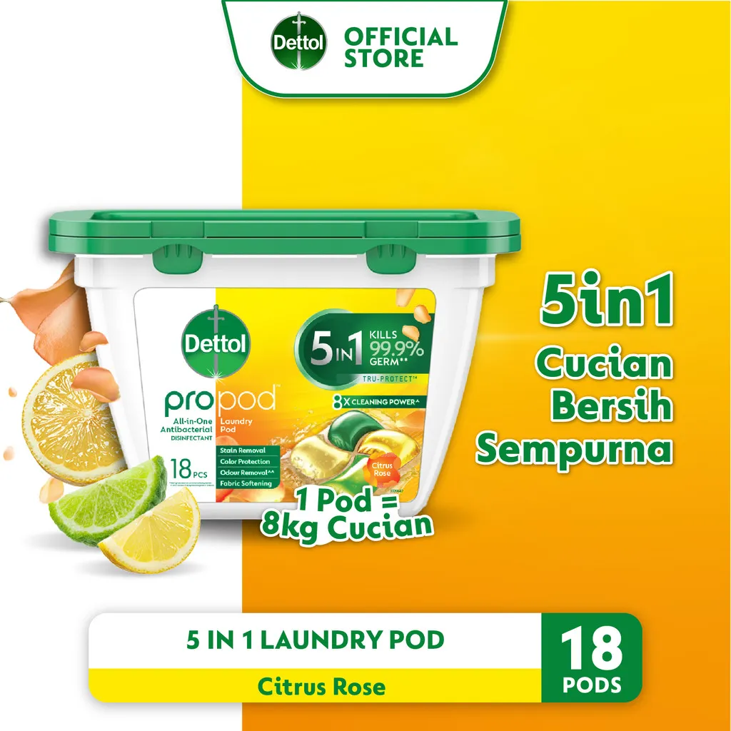 Dettol Propod Antibacterial Laundy Pod Citrus Rose 18s Tub 5in1 Laundry Kapsul - Sabun Cuci Baju