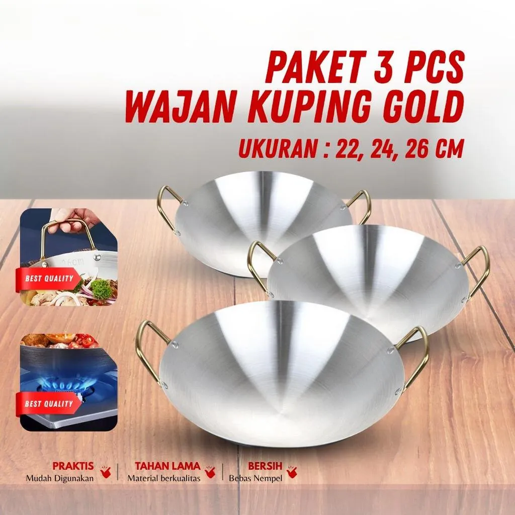 BMW Kitchenware - 3 PCS Wajan Kuping Gold Stainless Ukuran 22, 24, 26 CM Wajan Masak Anti Lengket