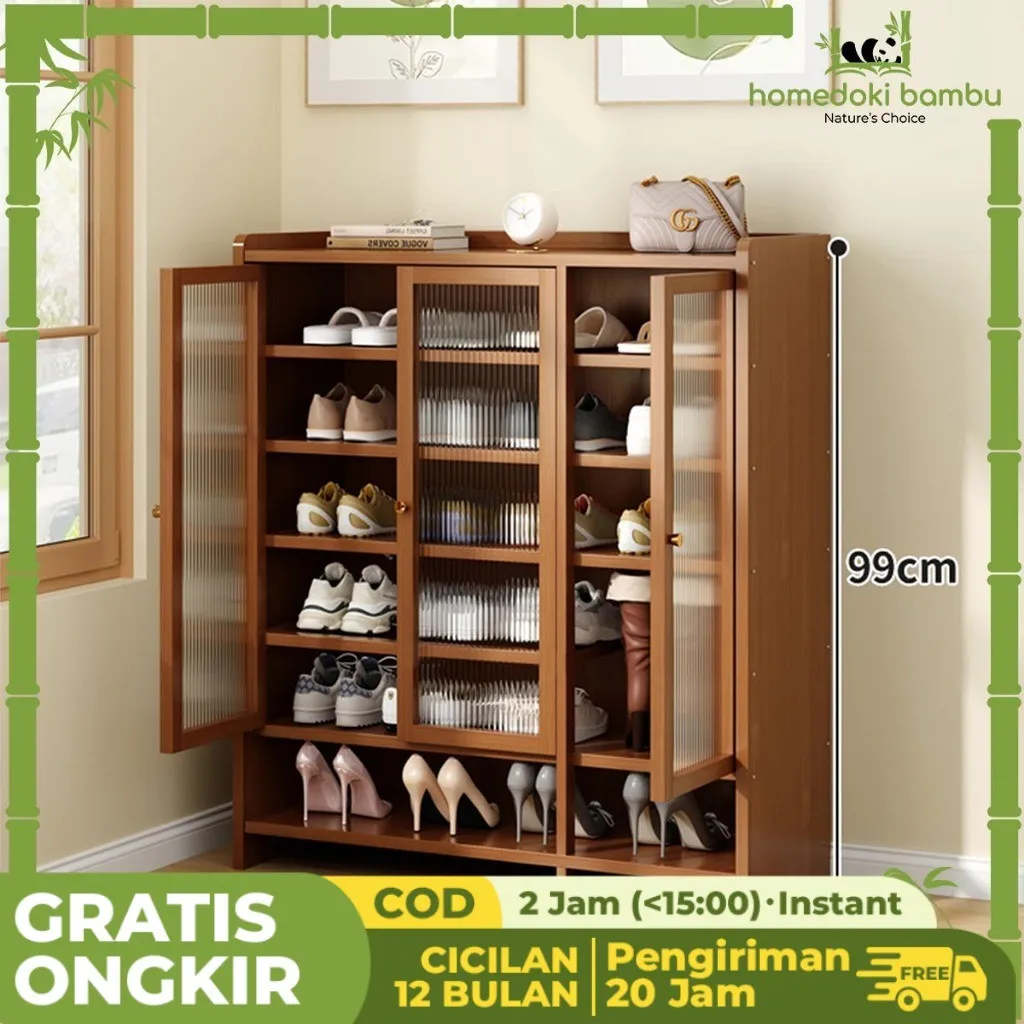Homedoki Bambu -  Lemari Sepatu Serbaguna Tertutup/Lemari Sepatu Rotan Kayu Minimalis/Rak Sepatu Susun Tertutup/Lemari Sepatu Aesthetic Minimalis/Rak Sepatu/rak sepatu rotan