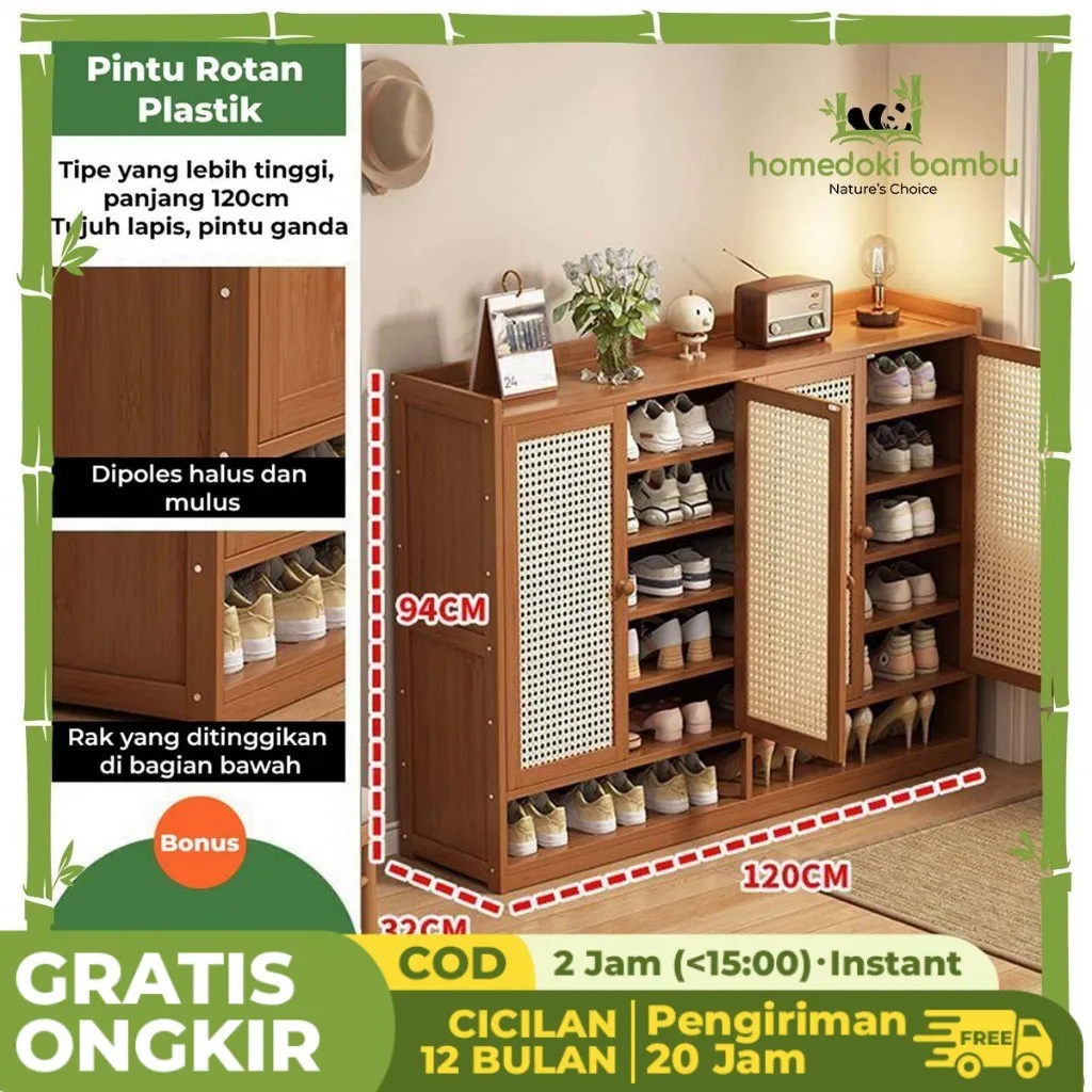 Homedoki Bambu - Lemari Sepatu Tertutup Rotan Minimalis/Lemari Sepatu Rotan Kayu Minimalis/Jaring bernapas Lemari Sepatu Kayu Minimalis/Lemari Sepatu Aesthetic Minimalis/Lemari Sepatu Tertutup Serbaguna Lemari Sepatu