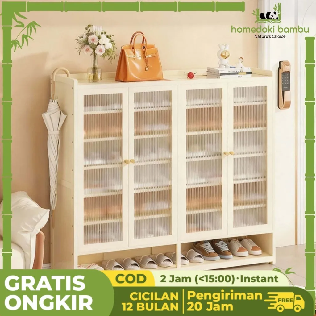 Homedoki Bambu - Rak Sepatu Susun Tertutup/Rak Sepatu Aesthetic/Rak Serbaguna/Rak Sepatu Kayu