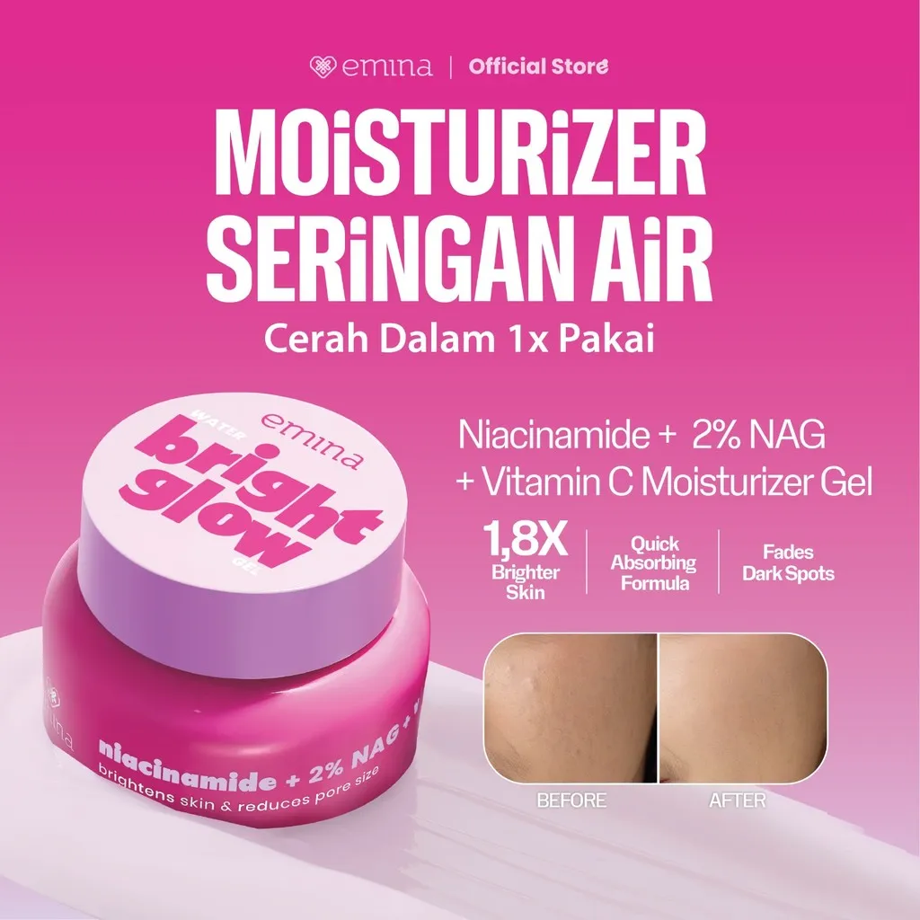 Emina Water Bright Glow Gel Moisturizer 30g | Mencerahkan & Menyamarkan Flek Hitam, Kulit Glowing, Meratakan Warna Kulit, Pelembab Seringan Air, Mengandung Niacinamide, Vitamin C