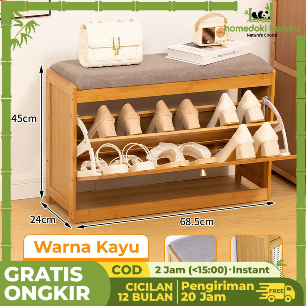 Homedoki Bambu -  Rak Sepatu Dinding  Penyimpanan Sederhana/Homedoki Bambu -  Rak Sepatu Dinding  Penyimpanan Sederhana/Bangku Ganti Sepatu/Rak Sepatu Duduk Sofa/Rak Sepatu Kayu/ Sepatu Kursi Bench/Storage Sepatu Sofa