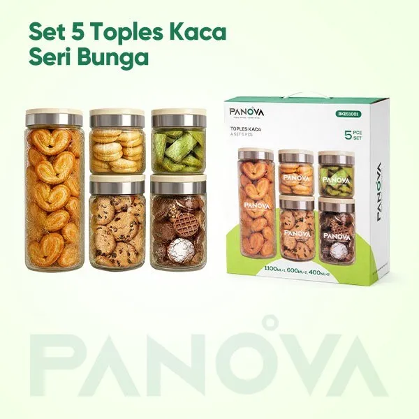 PANOVA Set Toples Kaca Floral 5pcs (1100/600/400ml) - Tempat Penyimpanan Makanan Kering Tutup Kedap Udara, Anti Serangga Untuk Kopi Teh Bumbu Dapur & Hadiah BKE51001