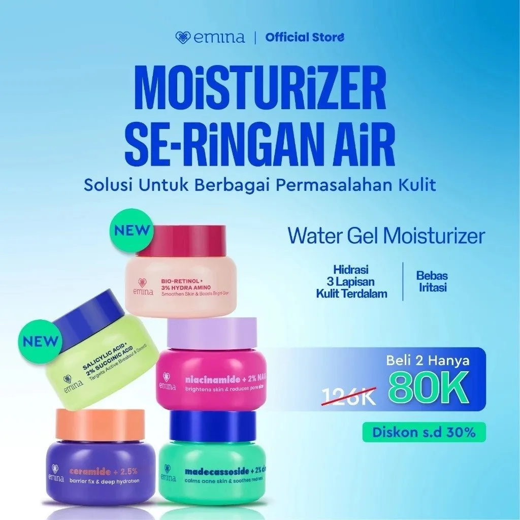 Emina Water Gel Moisturizer 30g | Mencerahkan & Mengurangi Flek Hitam | 48H Menjaga Kelembapan, Memperkuat Skin Barrier Mengurangi, Jerawat, dan Meredakan Kemerahan, Kulit Glowing, Mengandung Niacinamide, dan Vitamin C