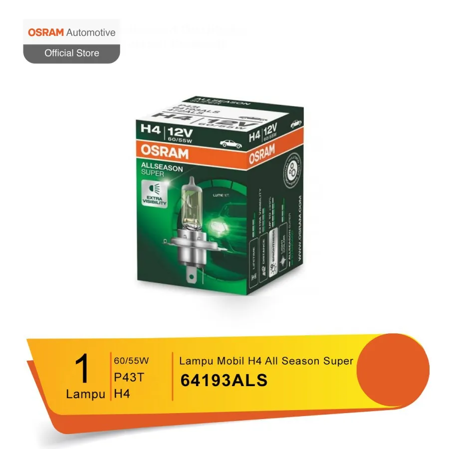 OSRAM Lampu Bohlam Mobil H4 64193ALS 12V 60 atau 55W P43t Lampu Halogen  Kuning