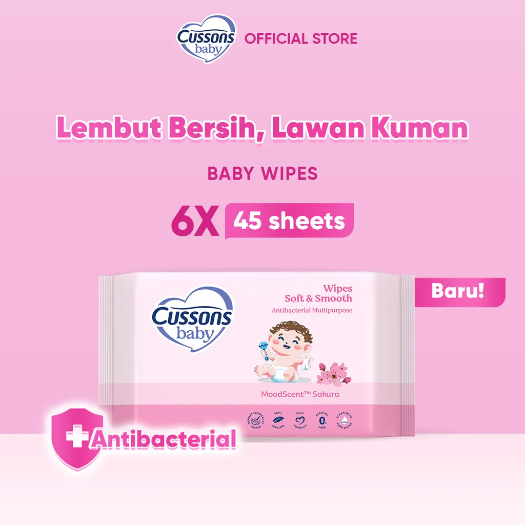 Cussons Baby Wipes Soft & Smooth-Tisu Basah Bayi-Ganti Popok 45's X6