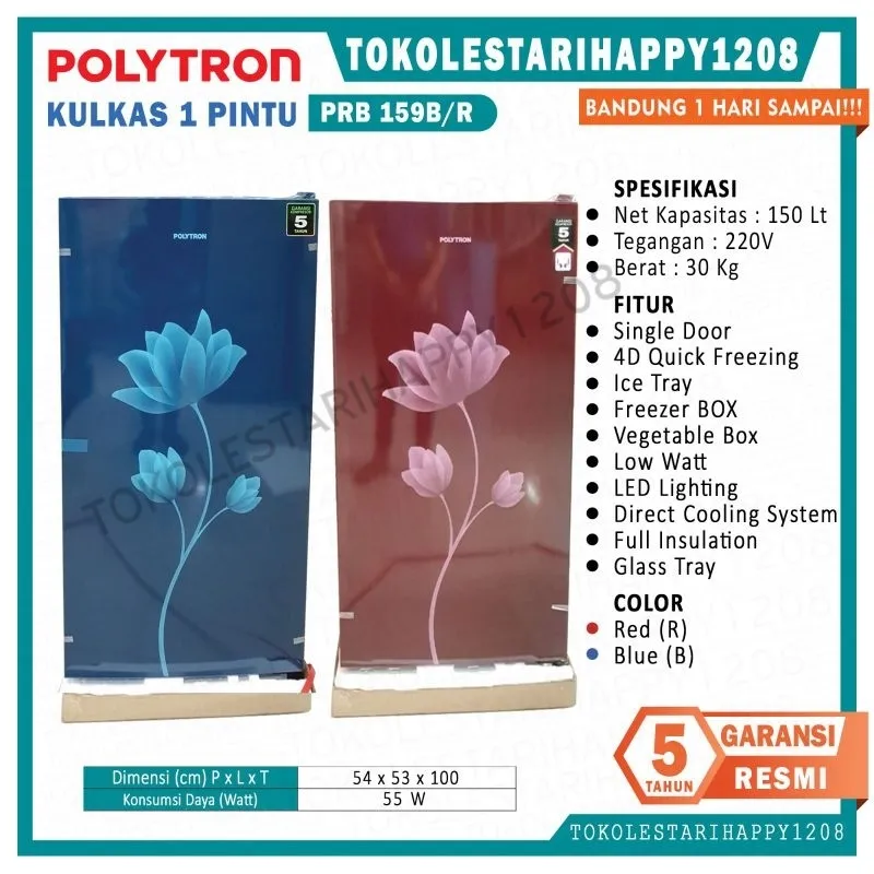 kulkas 1 pintu lemari es 1 pintu polytron 150 liter prb 159 b/r murah garansi resmi