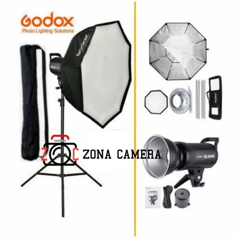 Paket Godox SL60w LED Video Light SL60 Continuous Lighting Lampu Shooting Youtuber Foto pideo Photo Kamera COB Storm Softbox Octa 120 kit