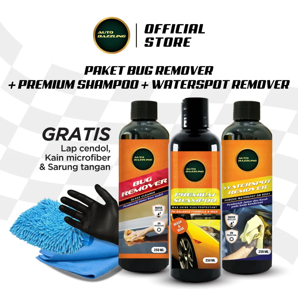 Auto Dazzling paket pembersih jamur kaca waterspot body mobil + premium shampo glass cleaner komplit