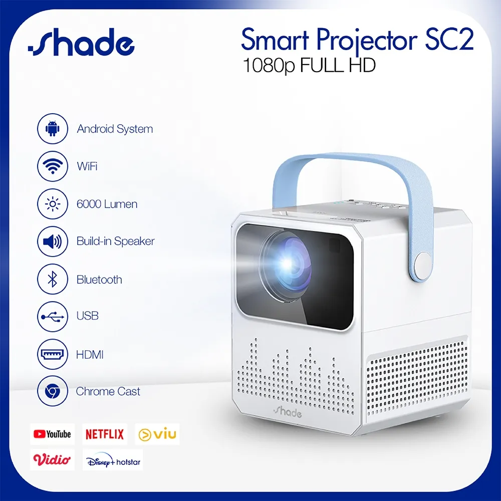 SHADE Android Proyektor TV T2mini 6000 Lumen 4K HD Bluetooth Smart Projector Android 9 2G+16G Mirroring HP Proyektor