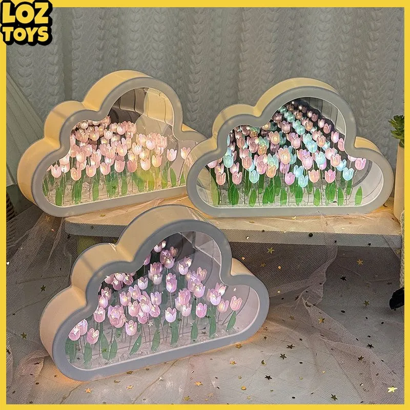 LOZTOYS Lampu Malam Cermin Tulip Bentuk Awan DIY Bunga Tulp Lampu Tulip 20 Bunga