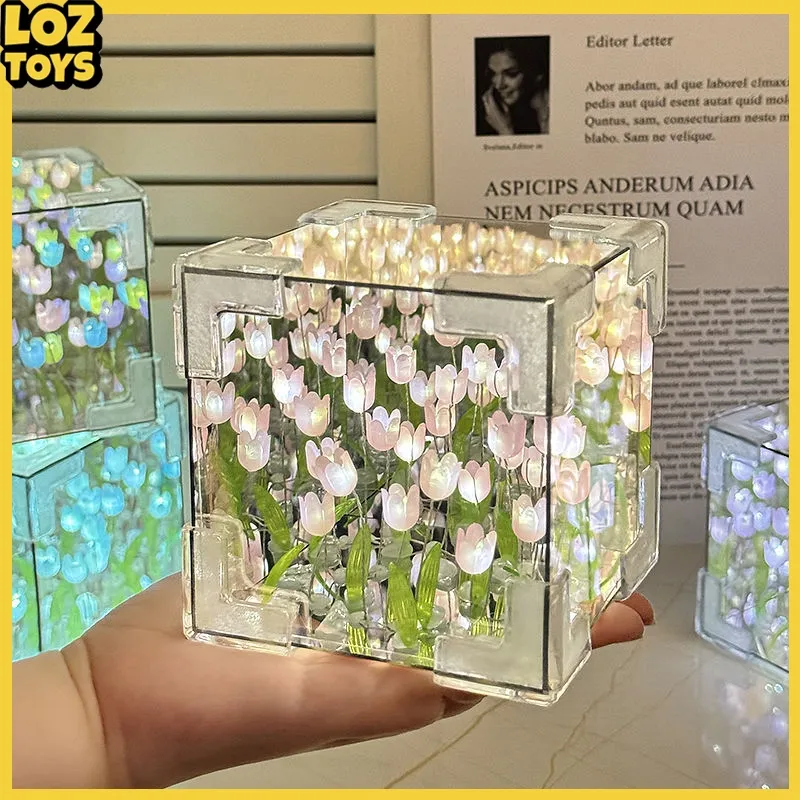 LOZTOYS DIY Tulip Akrilik Lampu Malam Cubus / Bunga Tulp Led Cermin Lampu Dekorasi Tidur Gift