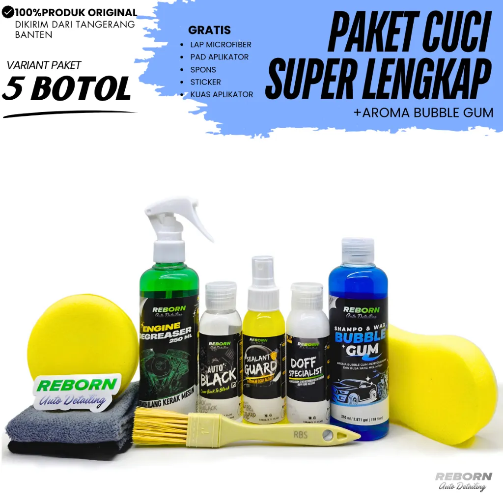 REBORN -  Paket Cuci Lengkap Perawatan Kendaraan 5 BOTOL - Bubble Gum Pengkilap Pembersih Full Body