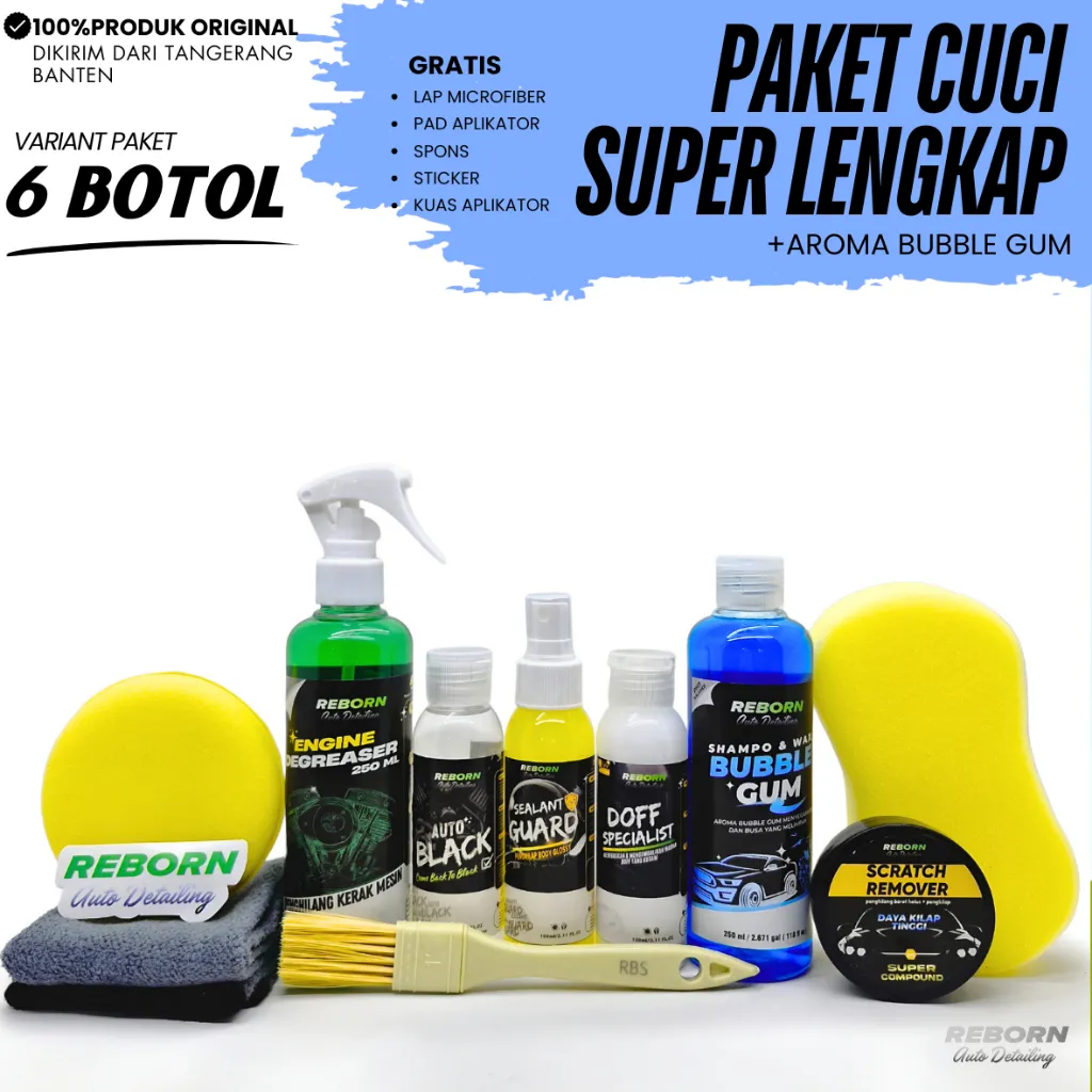 REBORN -  Paket Cuci Lengkap Perawatan Kendaraan 6 BOTOL - Bubble Gum, Pengkilap Pembersih Full Body