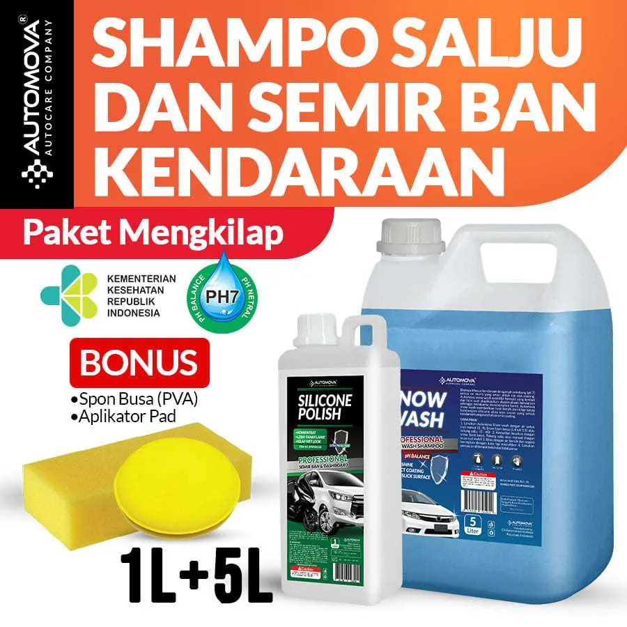 AUTOMOVA - Paket Semir Ban Dan Shampoo Mobil Snow Wash (5 Liter) Silicone Polish (1 Liter)