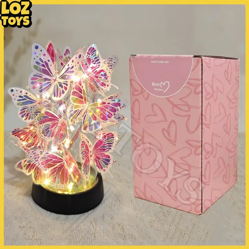 LOZTOYS Glass Lampu LED Hias Kupu DIY/ Beauty and The Beast Rose Lampu Gift / Berwarna Butterfly Light Hadiah