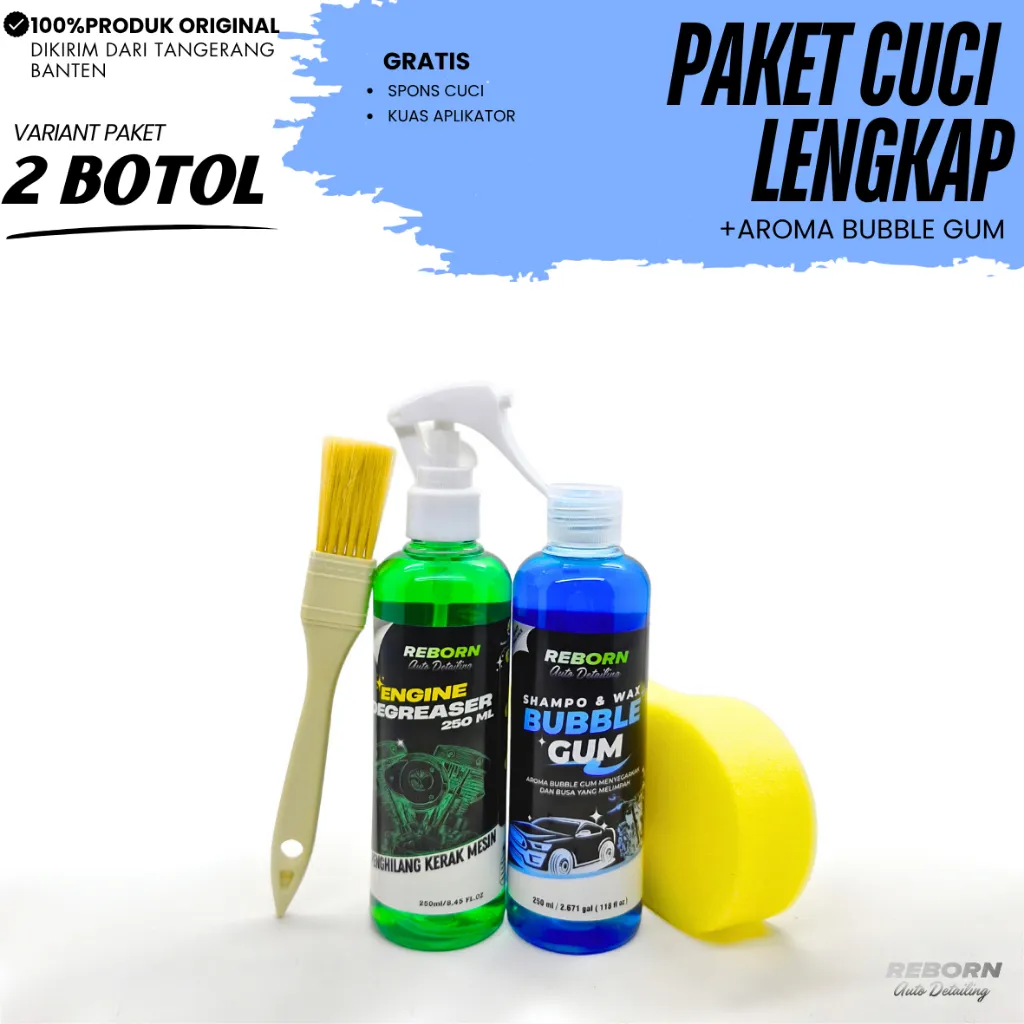 REBORN - Paket Cuci Motor Shampoo & Pembersih Mesin 250 ml Free Spons dan Kuas Aplikator