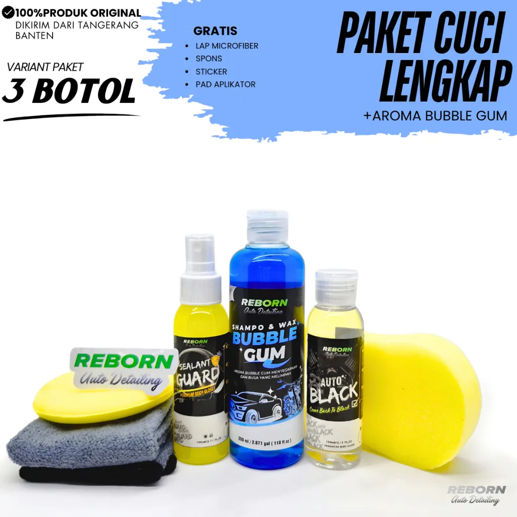 REBORN -  Paket Cuci Lengkap Perawatan Kendaraan 3 BOTOL - Bubble Gum Pengkilap Pembersih Full Body
