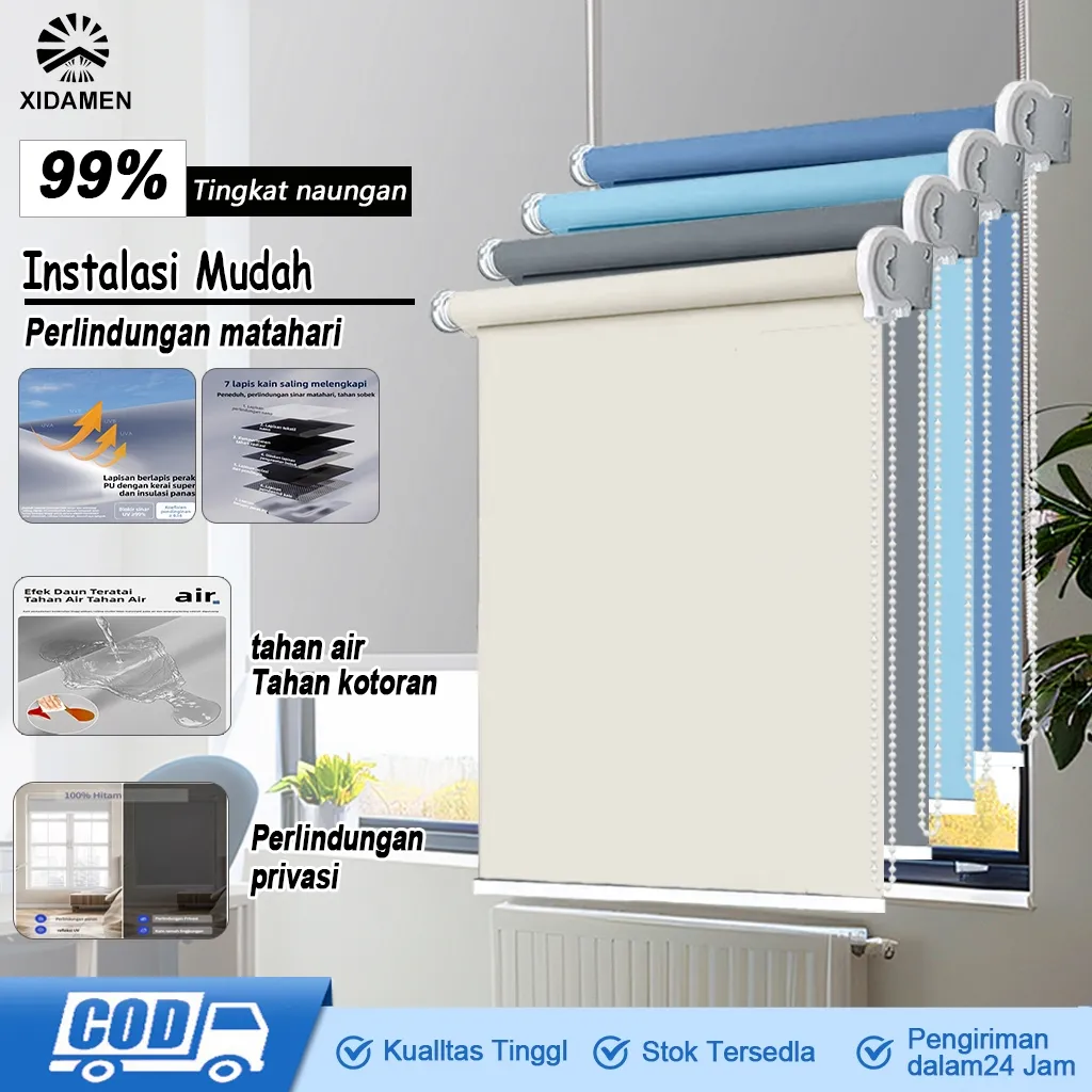 Roller Blind Blackout 100% Tingkat naungan tahan air Anti minyak Tirai gulung Ukuran Roller Blinds  khusus COD