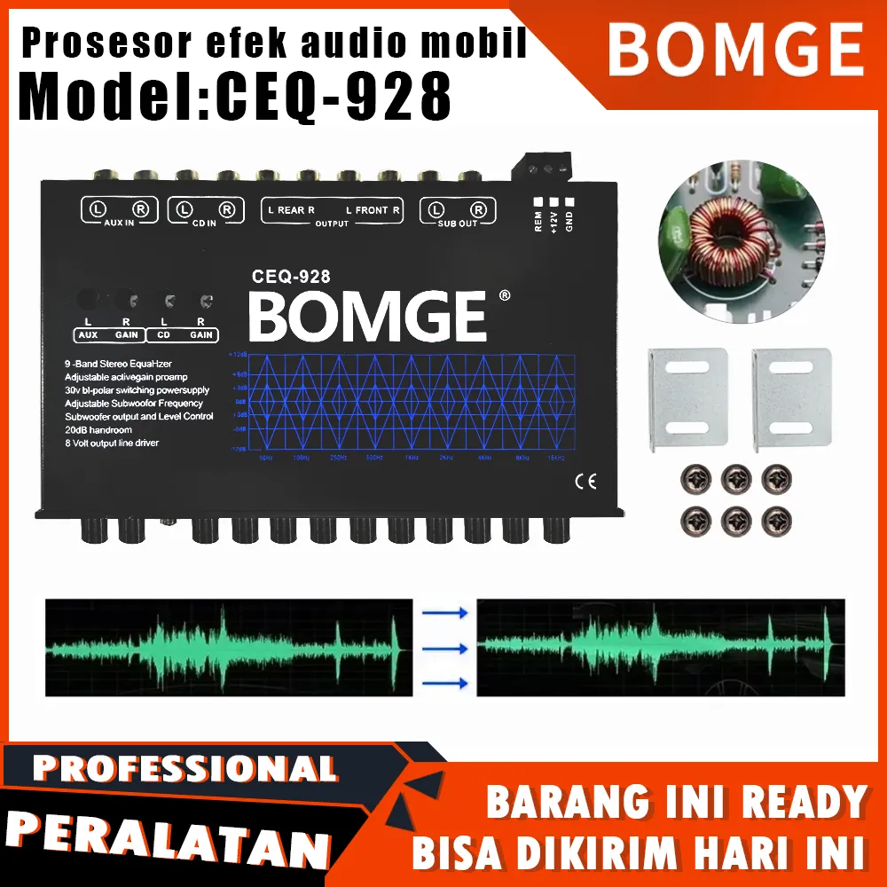 BOMGE CEQ928 Equalizer Audio Mobil 9-Band, Equalizer Grafis Mobil dengan Output Depan, Belakang + Subwoofer, Driver Line 8V RMS, Output Audio yang Dapat Disesuaikan untuk Mobil, Perahu, dengan Pilihan Input CD/AUX & Lampu Putih