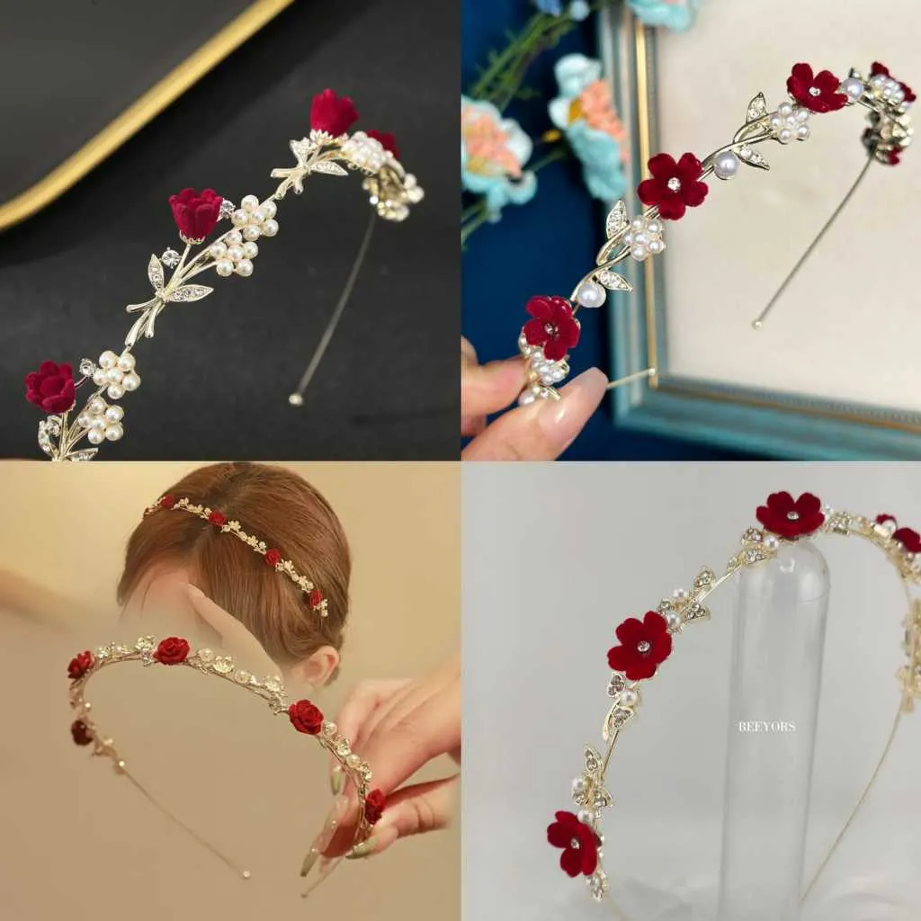 Red Rose Floral Headband / Bando Mawar Merah Cantik Elegan Mewah Festival - BT40