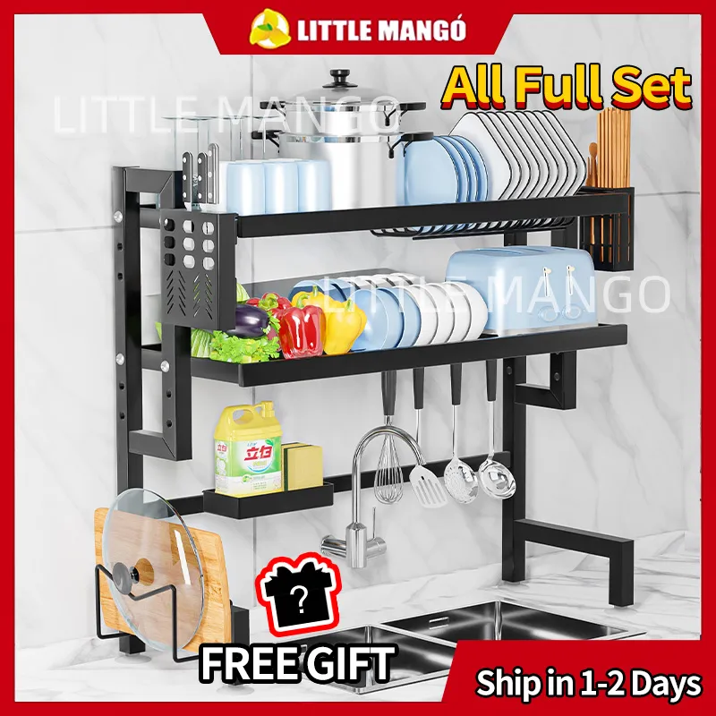 Rak Piring Wastafel Stainless Steel Rak Cuci Piring Wastafel Rak Dapur Rak Piring Gantung Penyimpanan Dapur Rak Pengering Piring Rak Mangkuk Piring Dengan Aksesoris/F1