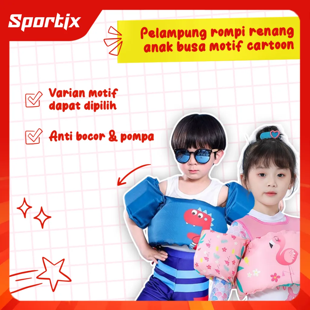 Sportix - Pelampung Renang Rompi Lengan Busa Anak Usia 2-6 Tahun Unisex - Pelampung Busa Motif Kartun