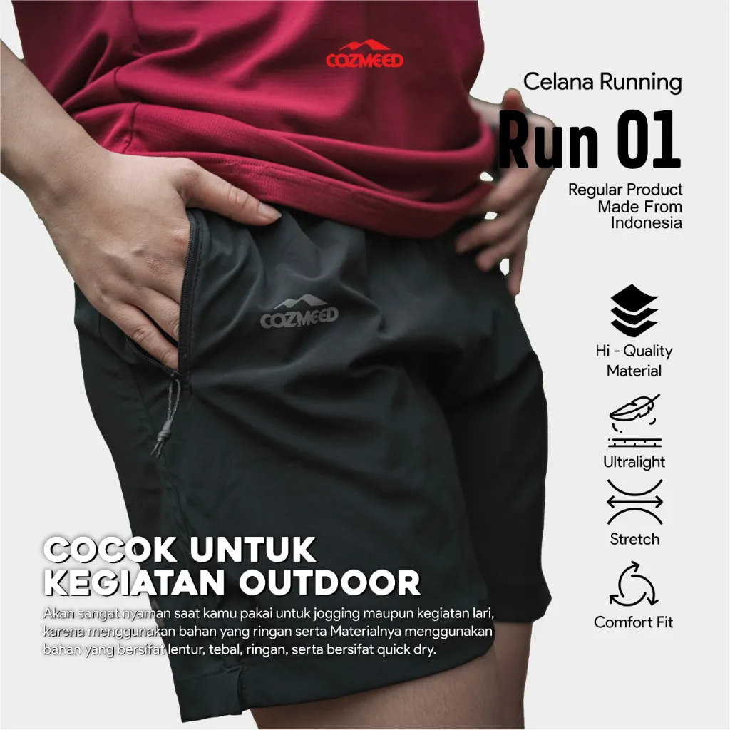 Cozmeed Celana Pendek Olahraga Pria Run 01 Hitam