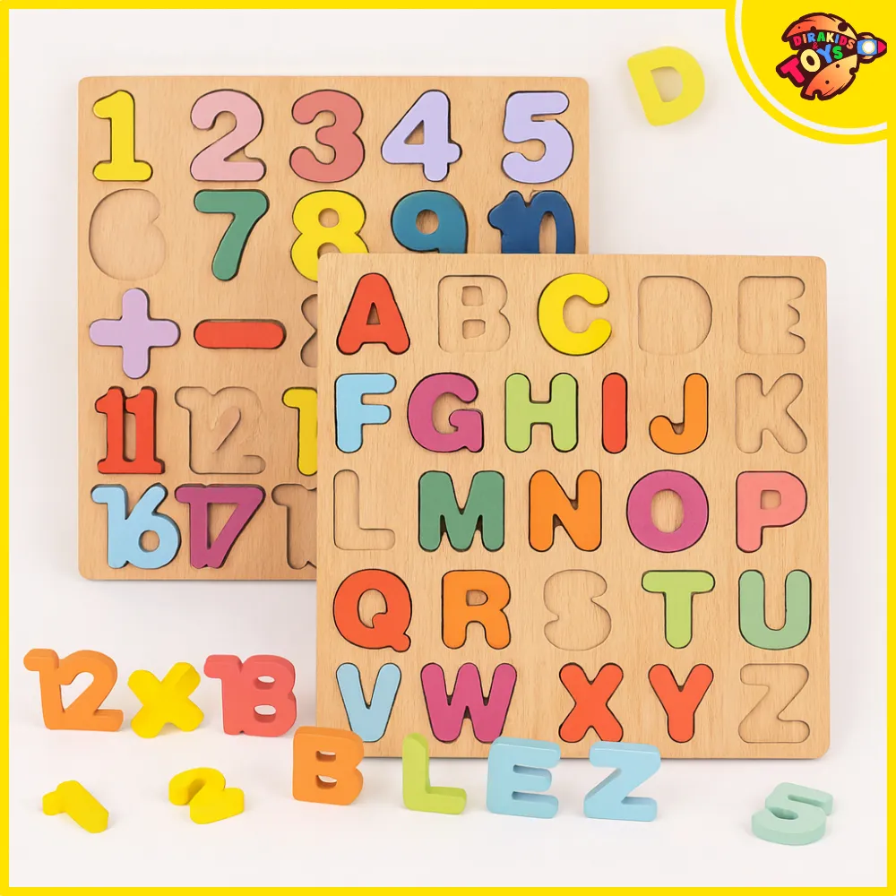 Dirakids Mainan Anak Chunky Puzzle Kayu ABC and 123 Murah Wooden Alphabet Number Jigsaw 3D Wooden Toys Edukasi