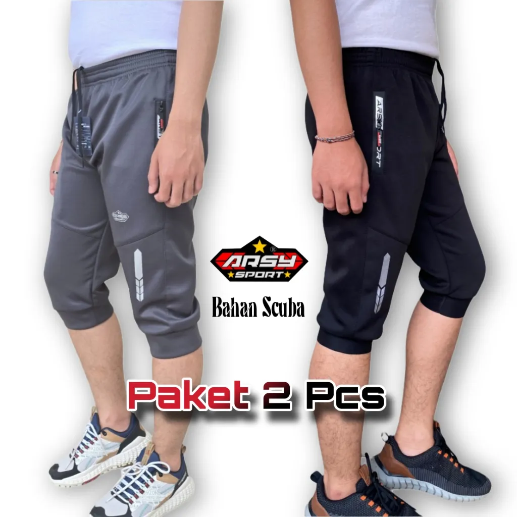Arsy Sport - Paket 2 Pcs Celana Running Pria Wanita - Celana Sontog 3/4 Fitnes Gym Scuba Elastis S01
